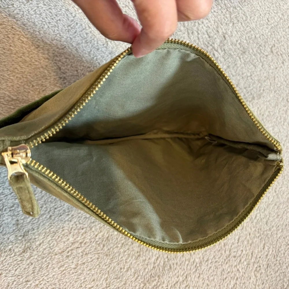 Sezane Olive Green Cotton Velvet Zippered Pouch Makeup Bag Clutch Travel - Picture 7 of 10